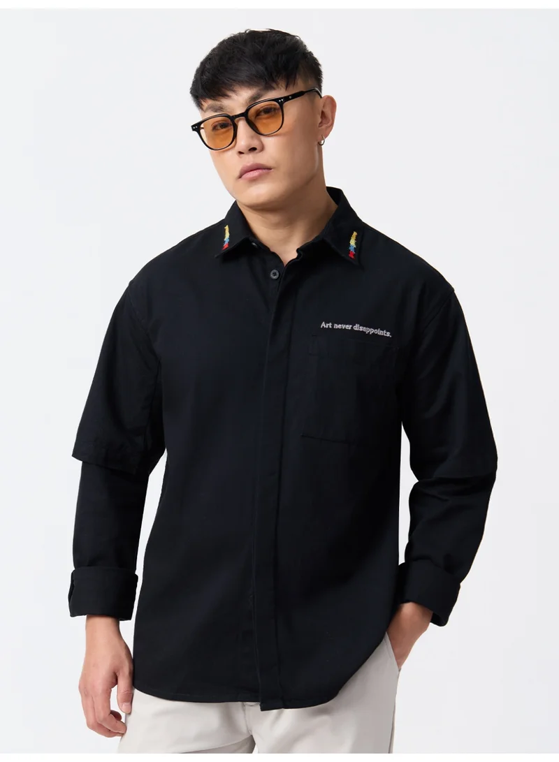 The Souled Store: Art Is Love Men and Boys Long Sleeve Spread Collar Black Embroidered Cotton Relaxed Shirt
