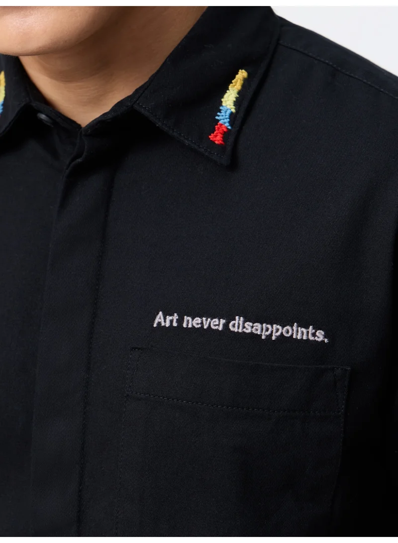 The Souled Store  The Souled Store: Art Is Love Men and Boys Long Sleeve Spread Collar Black Embroidered Cotton Relaxed Shirt  | Best Price UAE