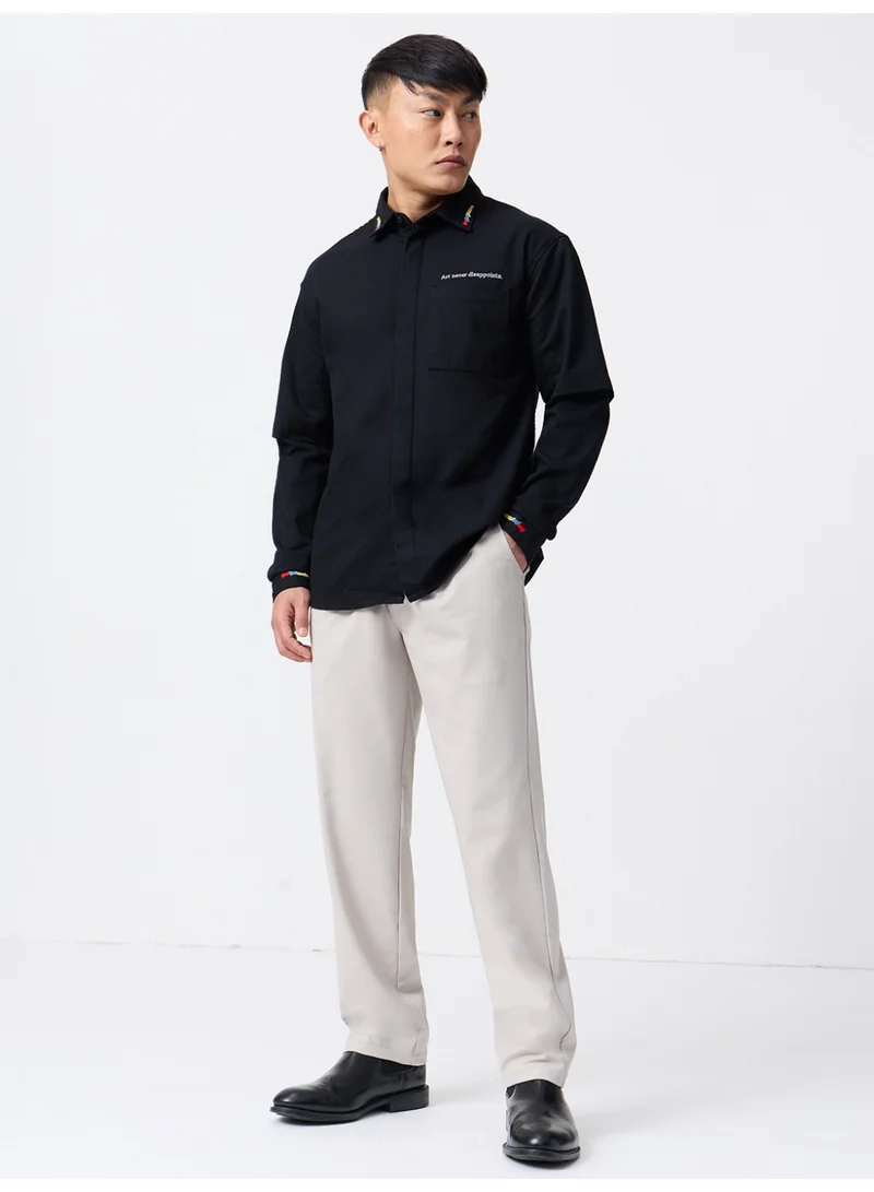 The Souled Store  The Souled Store: Art Is Love Men and Boys Long Sleeve Spread Collar Black Embroidered Cotton Relaxed Shirt  | Best Price UAE