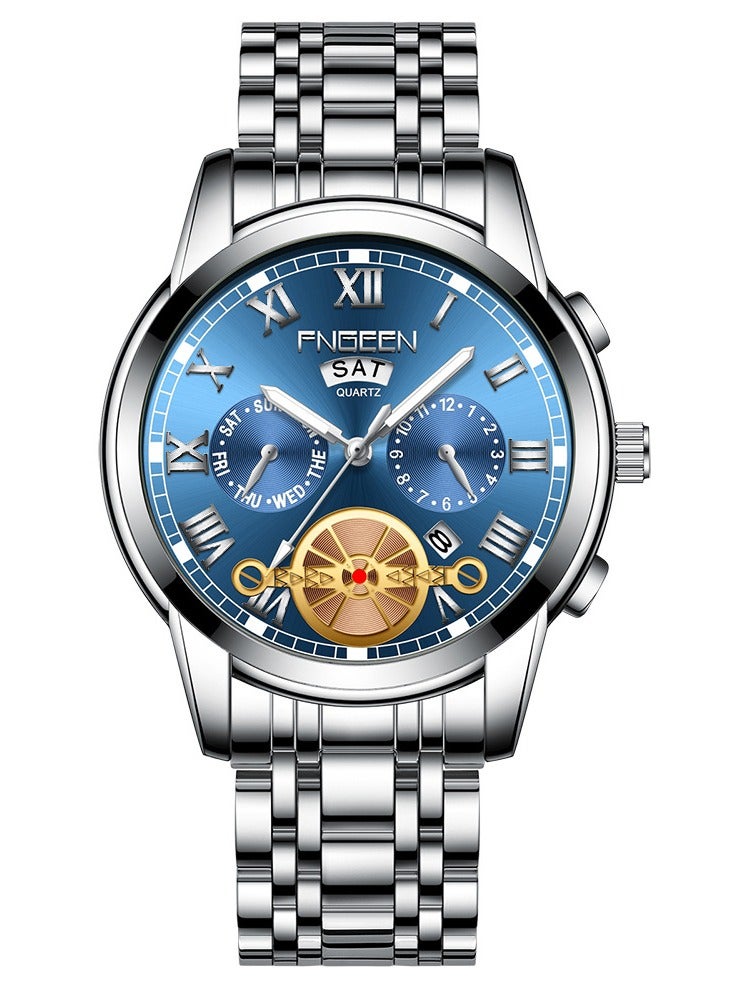 FNGEEN ساعة FNGEEN للرجال من العلامة التجارية الفاخرة، ساعة كواتز للرجال، تقويم، مقاومة للماء، من الفولاذ الذهبي، ساعة معصم للأعمال - Image 2