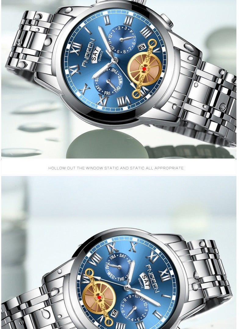 FNGEEN ساعة FNGEEN للرجال من العلامة التجارية الفاخرة، ساعة كواتز للرجال، تقويم، مقاومة للماء، من الفولاذ الذهبي، ساعة معصم للأعمال - Image 3