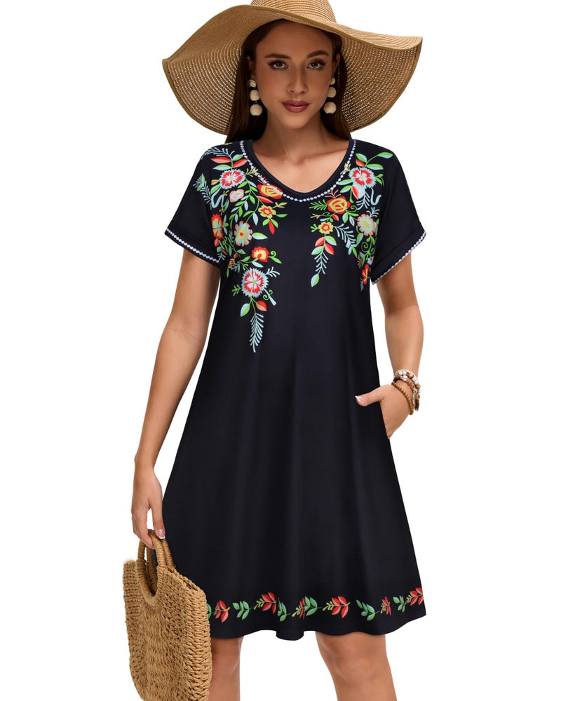 elescat Sundresses for Women Summer Casual Loose V Neck Short Sleeve Tshirt Dress with Pockets (Black Green Flower, L) - Image 5