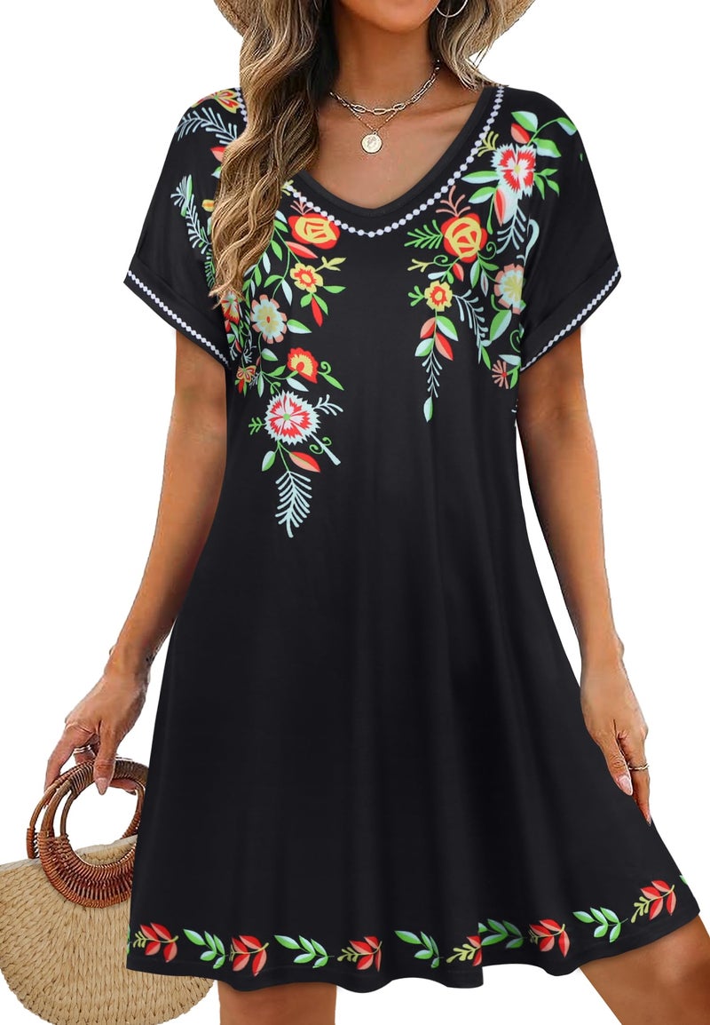 elescat Sundresses for Women Summer Casual Loose V Neck Short Sleeve Tshirt Dress with Pockets (Black Green Flower, L) - Image 1