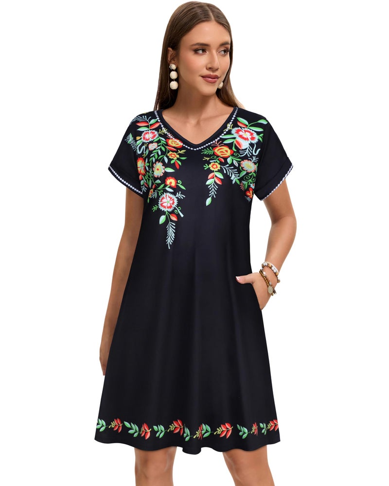 elescat Sundresses for Women Summer Casual Loose V Neck Short Sleeve Tshirt Dress with Pockets (Black Green Flower, L) - Image 4