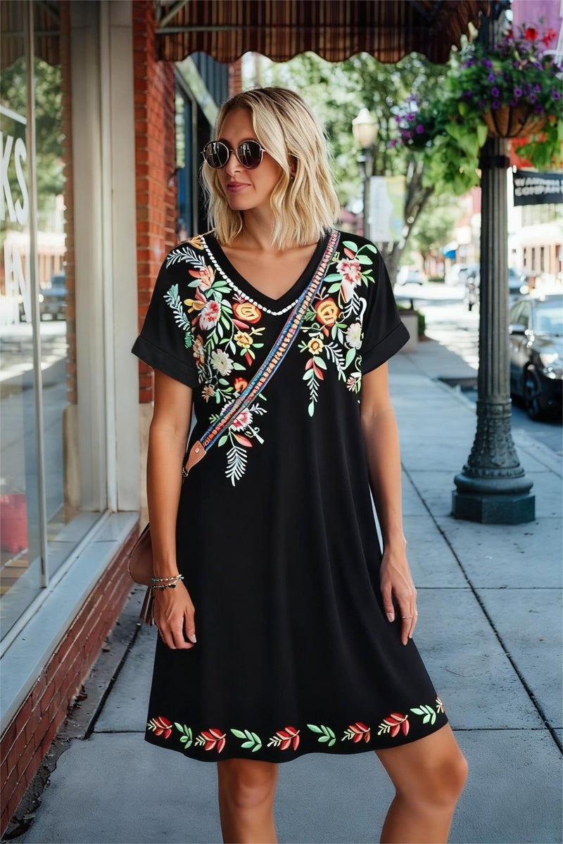 elescat Sundresses for Women Summer Casual Loose V Neck Short Sleeve Tshirt Dress with Pockets (Black Green Flower, L) - Image 2