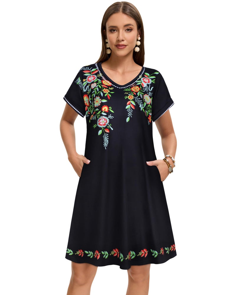 elescat Sundresses for Women Summer Casual Loose V Neck Short Sleeve Tshirt Dress with Pockets (Black Green Flower, L) - Image 3