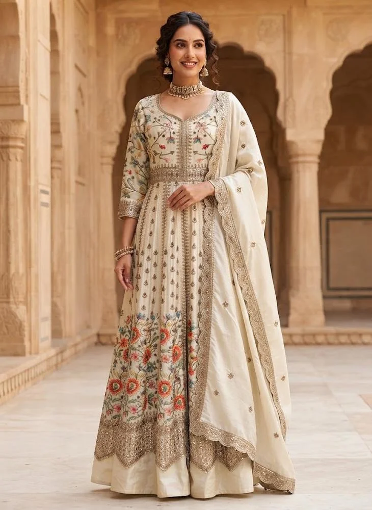 Viny VINY Ivory 3-Piece Floral Embroidered Anarkali Suit Set – Women's Indian Ethnic Wear