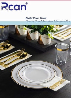 Rcan 150 Pcs/set Gold Upscale Wedding Dining Party Disposable Plastic Cutlery Set, Party Supplies Plate, Spoon, Fork, Knife, Cup, Party Tableware (25 Guest)  - Image 2