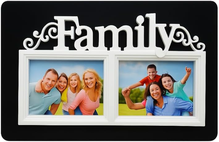 Fitto Family Photo Frame with Dual Picture Slots and Decorative 'Family' Text, Black with White Border - Image 1