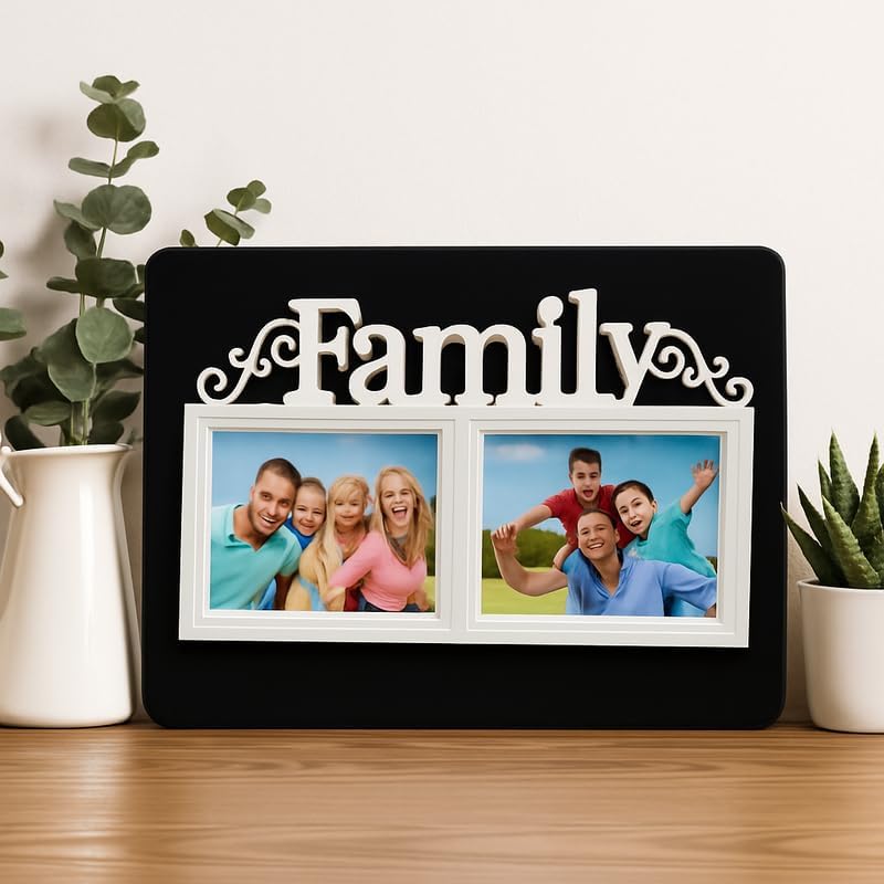 Fitto Family Photo Frame with Dual Picture Slots and Decorative 'Family' Text, Black with White Border - Image 2