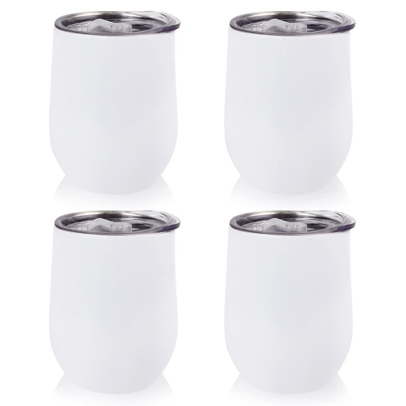 MAIKESUB Sublimation Blank Wine Tumbler Cups White 12 OZ Stainless Steel Insulated Stemless Tumbler Sublimation Mugs Cups 4 Pack Tumbler with Lid Keeping Cold Hot for Coffee Spill Proof cup