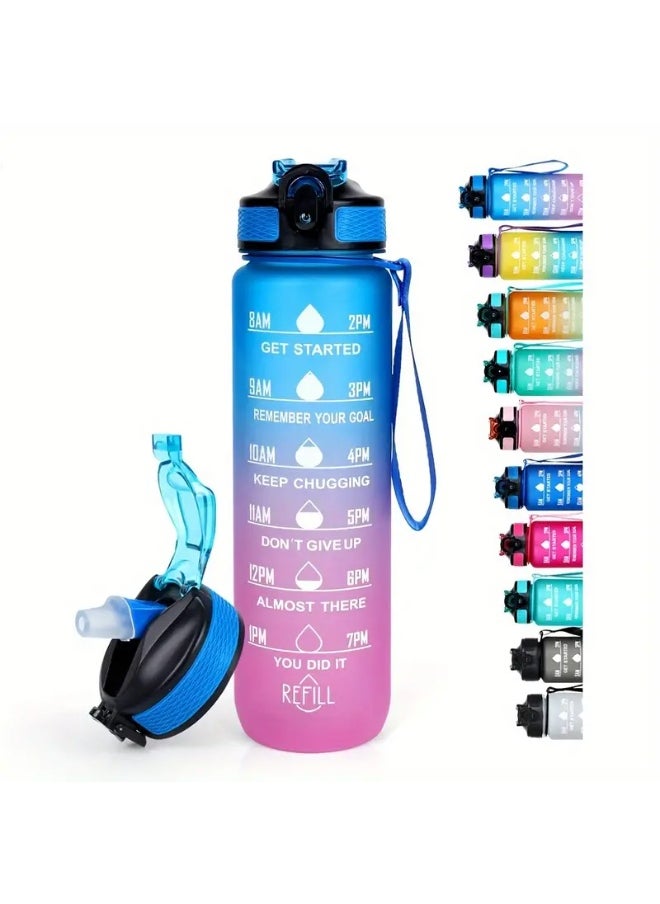 KITCHENOO 900ml Gradient Color Design Water Bottle with Straw and Lockable Lid, BPA Free Plastic, Motivational Time Markers for Outdoor Sports With straw and sticker  - Image 1