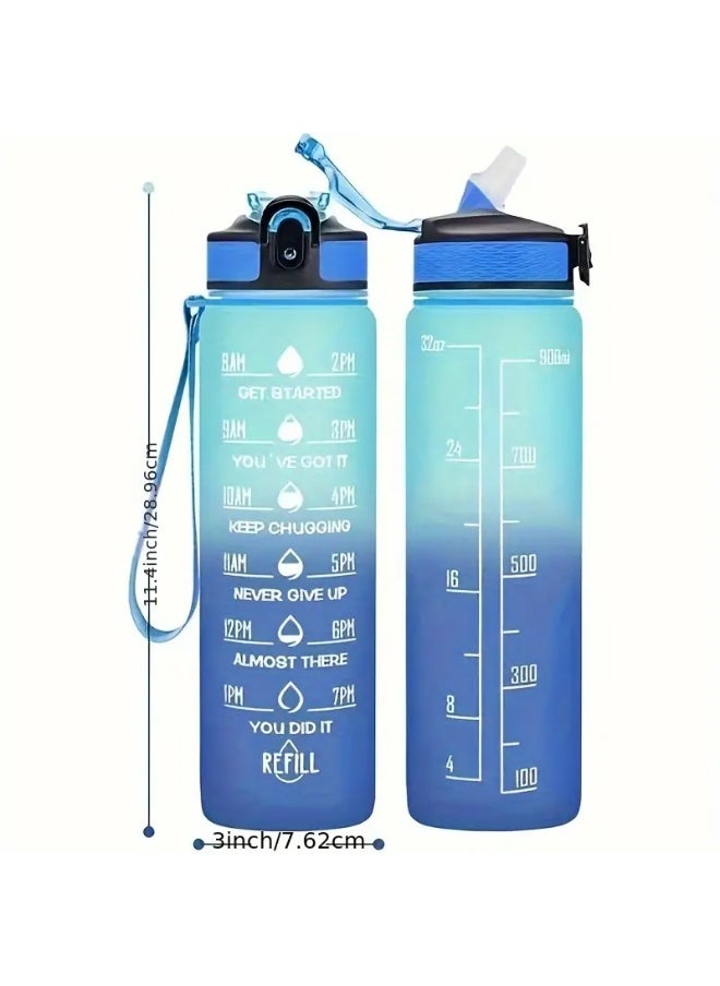 KITCHENOO 900ml Gradient Color Design Water Bottle with Straw and Lockable Lid, BPA Free Plastic, Motivational Time Markers for Outdoor Sports With straw and sticker  - Image 2