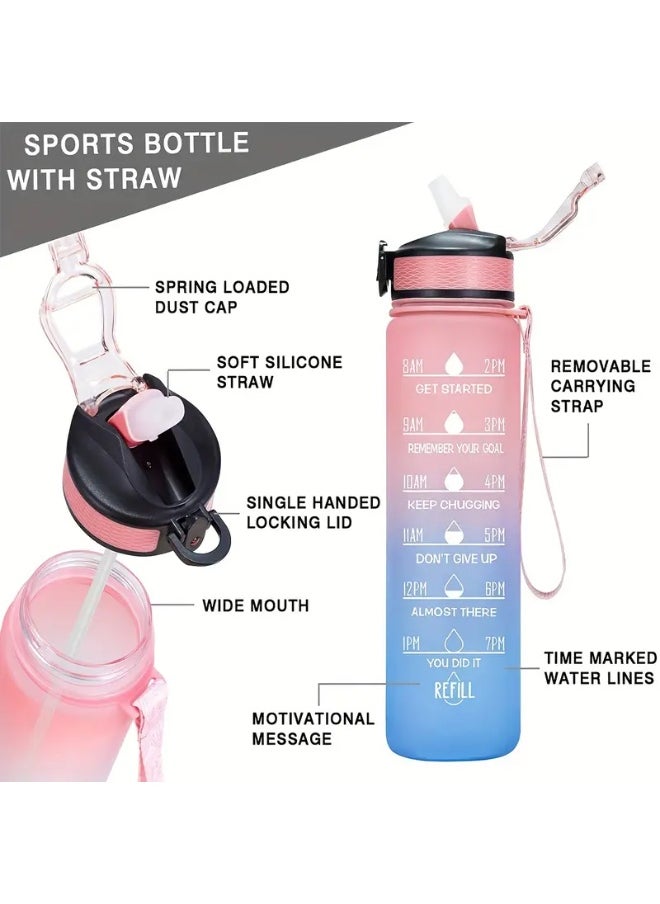 KITCHENOO 900ml Gradient Color Design Water Bottle with Straw and Lockable Lid, BPA Free Plastic, Motivational Time Markers for Outdoor Sports With straw and sticker  - Image 4
