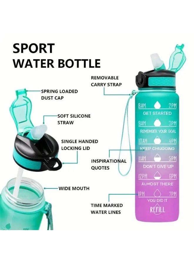 KITCHENOO 900ml Gradient Color Design Water Bottle with Straw and Lockable Lid, BPA Free Plastic, Motivational Time Markers for Outdoor Sports With straw and sticker  - Image 5
