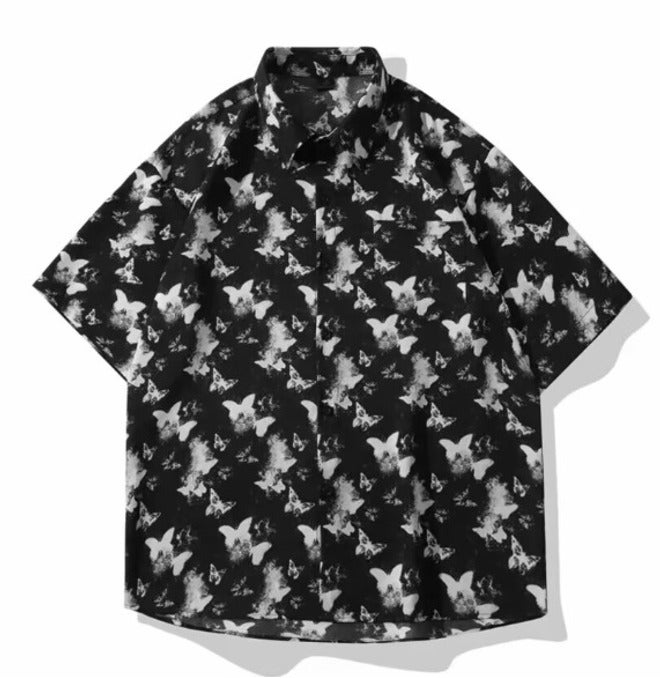 2025 Trendy Striped Shirt with Digital Print - Casual Loose Fit, Breathable Short Sleeve