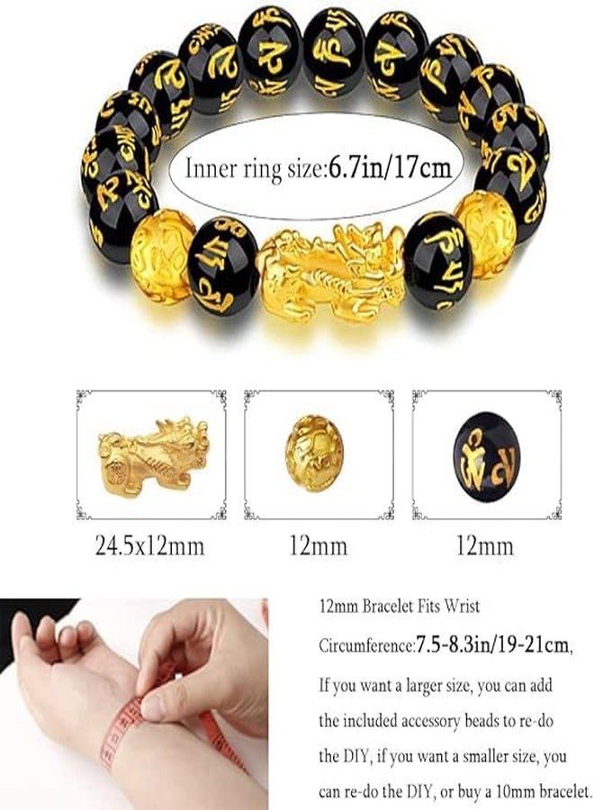 Plenteous Feng Shui Black Obsidian Bracelet - Pixiu & Dragon Lucky Charm with Gold-Plated Pi Yao, Om Mani Padme Hum, Attract Wealth, Money & Good Luck for Men & Women - Image 2
