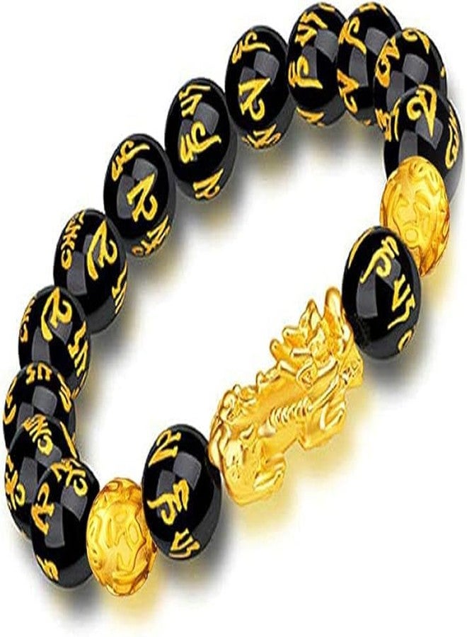 Plenteous Feng Shui Black Obsidian Bracelet - Pixiu & Dragon Lucky Charm with Gold-Plated Pi Yao, Om Mani Padme Hum, Attract Wealth, Money & Good Luck for Men & Women - Image 1
