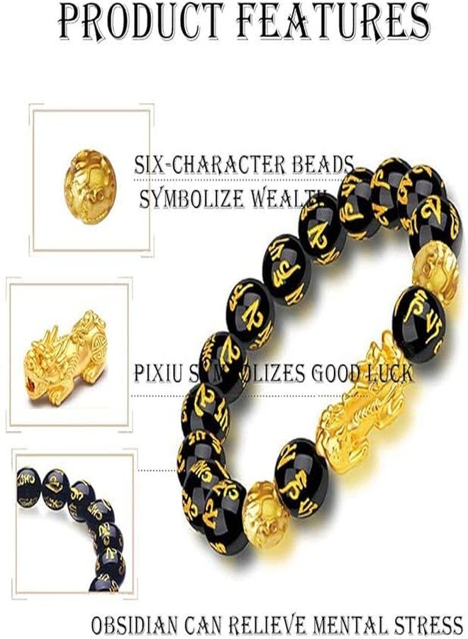 Plenteous Feng Shui Black Obsidian Bracelet - Pixiu & Dragon Lucky Charm with Gold-Plated Pi Yao, Om Mani Padme Hum, Attract Wealth, Money & Good Luck for Men & Women - Image 3