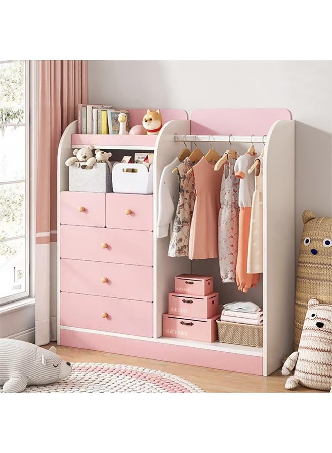 خزانة ملابس إبداعية للأطفال، خزانة خشبية بخمسة أدراج ومنطقة تعليق لتنظيم تخزين الملابس، خزانة ملابس عصرية متينة لغرفة النوم للأولاد والبنات (YN011-وردي) - Image 1