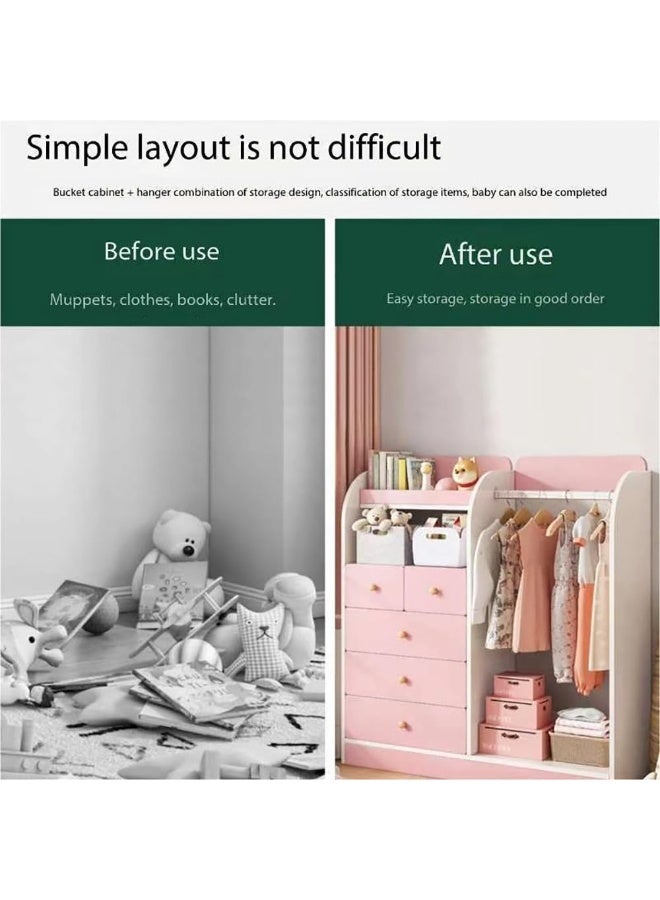 خزانة ملابس إبداعية للأطفال، خزانة خشبية بخمسة أدراج ومنطقة تعليق لتنظيم تخزين الملابس، خزانة ملابس عصرية متينة لغرفة النوم للأولاد والبنات (YN011-وردي) - Image 3