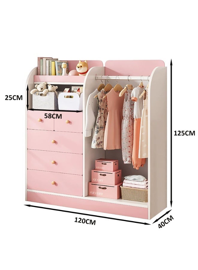 خزانة ملابس إبداعية للأطفال، خزانة خشبية بخمسة أدراج ومنطقة تعليق لتنظيم تخزين الملابس، خزانة ملابس عصرية متينة لغرفة النوم للأولاد والبنات (YN011-وردي) - Image 2