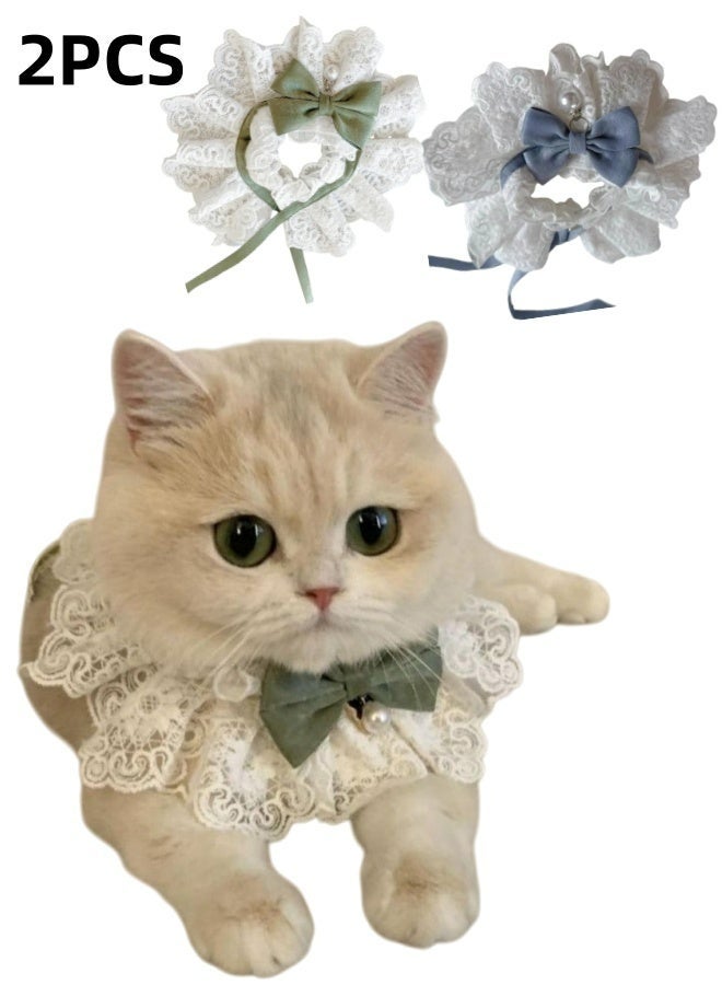 2 قطعة من أطواق القطط والكلاب الأنيقة المصنوعة من الدانتيل مع قوس لطيف وقلادة لؤلؤية على شكل قطة صدرية للحيوانات الأليفة أزياء أميرة للارتداء اليومي الحفلات التغذية اليومية المشي الزينة إكسسوارات الحيوانات الأليفة الأخضر والأزرق - Image 1