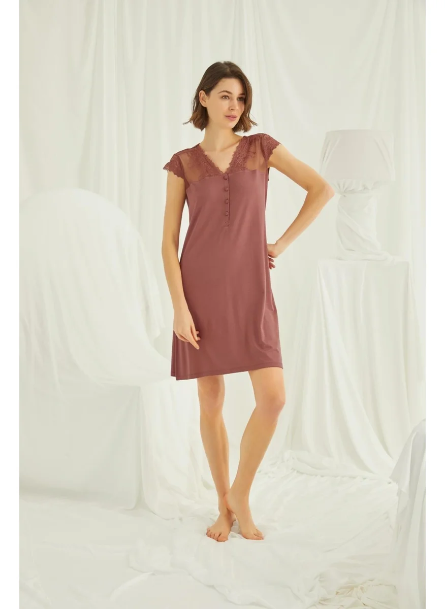 Monamise Women's Nightgown with Embroidered Lace on the Sleeves and Shoulders and Buttons on the Front