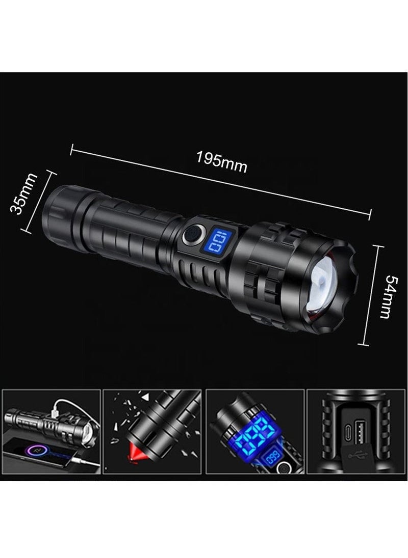 Strong flashlight P70 power Display Flashlight Outdoor Long Range High Power Aluminum Alloy Strong Light Flashlight Power Bank 5000mah with Breakable window safty hammer waterproof