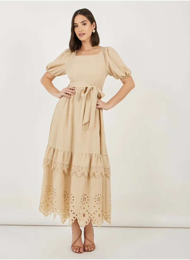 ستايلي Cutwork Design Square Neck Tiered Maxi Dress