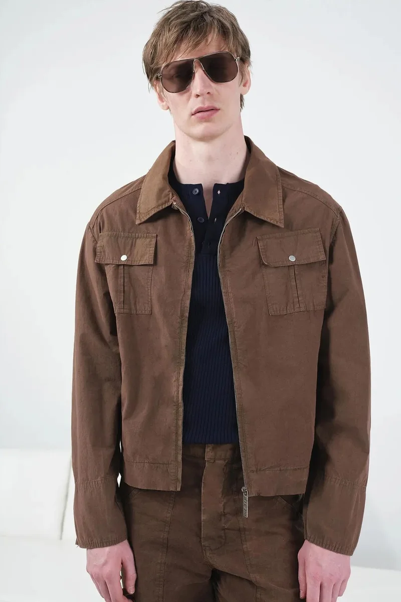 Giesto Beaver Brown GIESTO Cotton Gabardine Zipper Jacket with Pocket for Men | Best Price UAE