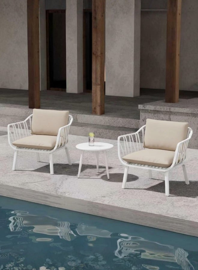 Marcolo 3-Piece Outdoor Bistro Set – White Fiberglass Plastic Frame, 2 Chairs & Coffee Table – Weather-Resistant Patio & Balcony Furniture (Beige Cushions) - Image 4