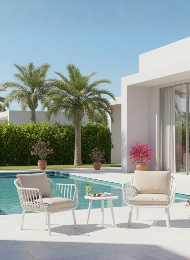 Marcolo 3-Piece Outdoor Bistro Set – White Fiberglass Plastic Frame, 2 Chairs & Coffee Table – Weather-Resistant Patio & Balcony Furniture (Beige Cushions) - Image 1