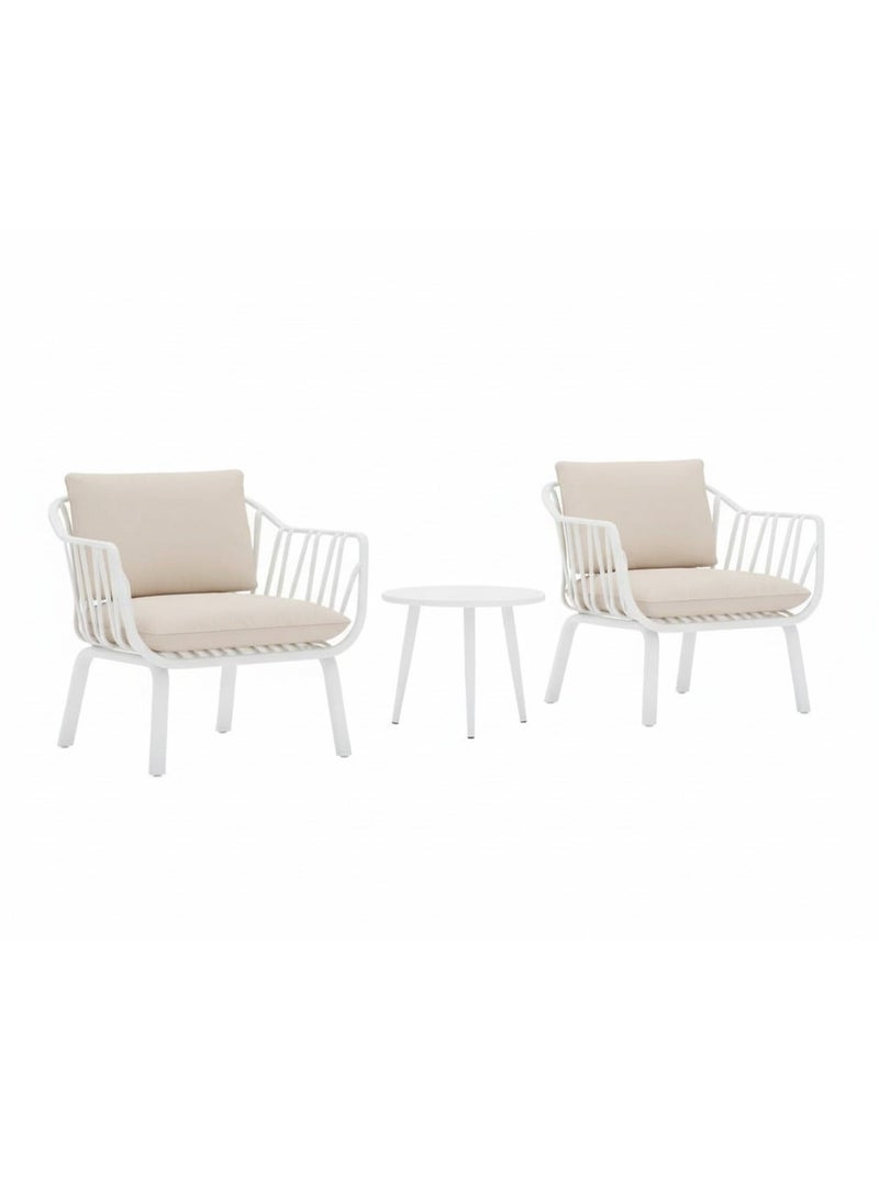 Marcolo 3-Piece Outdoor Bistro Set – White Fiberglass Plastic Frame, 2 Chairs & Coffee Table – Weather-Resistant Patio & Balcony Furniture (Beige Cushions) - Image 5