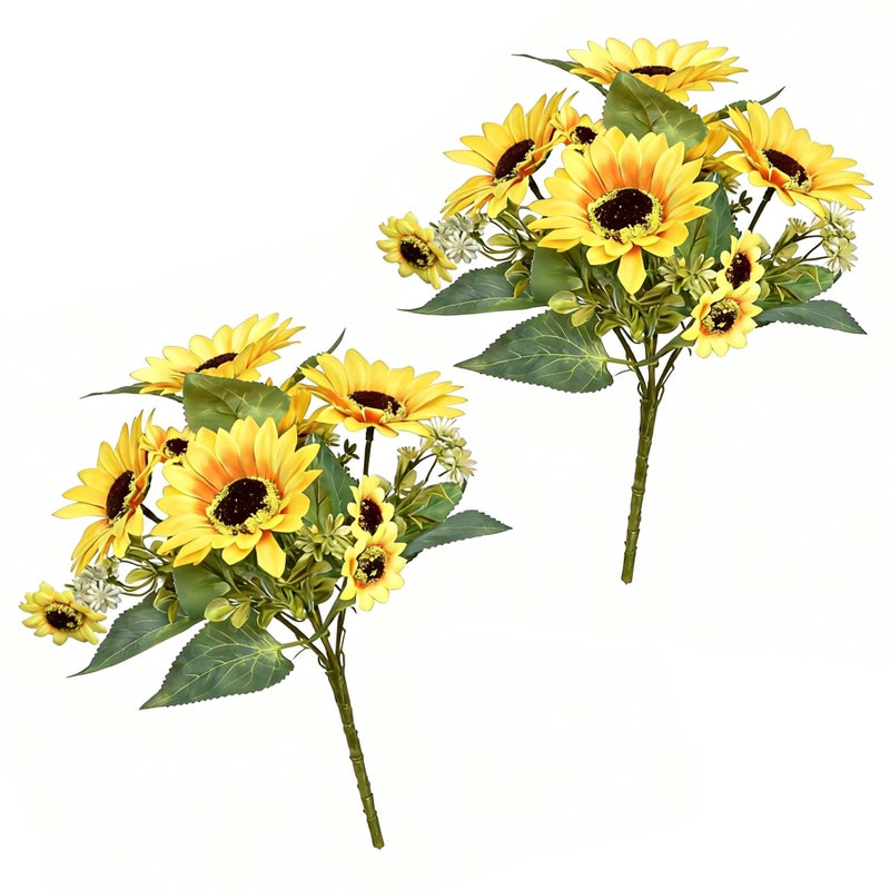 UoYeet 2 Pack 12Artificial Sunflower Bouquets Faux Sunflower Stems with 5 Large Sunflower Heads 6 Small Daisies Green Leaves Fake Flowers for DIY Home Office Farmhouse Dcor - Image 2