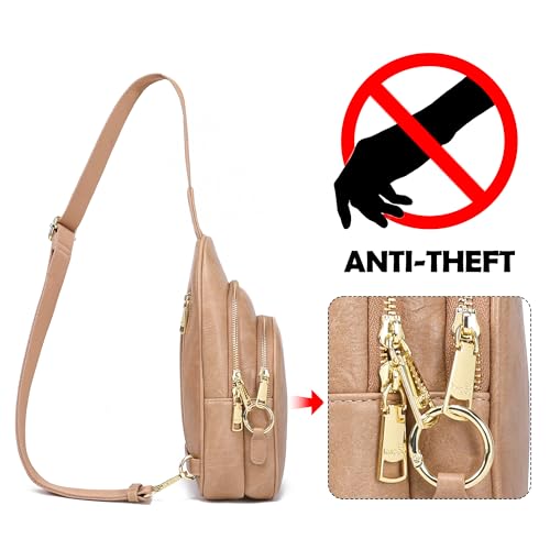 INICAT Crossbody Sling Bags Travel Cross Body Purses Faux Leather Fanny Packs Chest Bag for Women(Khaki anti theft) - Image 3