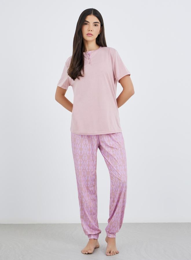 Styli Solid Short Sleeve T-Shirt and Cuffed Pyjama Set - Image 1