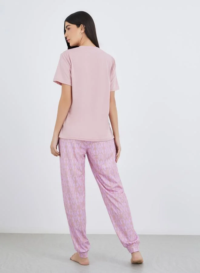 Styli Styli Solid Short Sleeve T-Shirt and Cuffed Pyjama Set