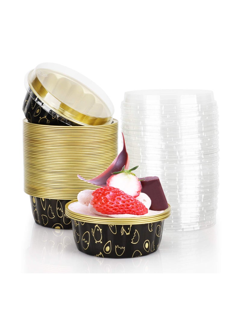Zikra 8oz Disposable Cupcake Cups with Lids Ramekins Foil Black Gold Aluminum Creme Brulee Muffin Baking Mini Pudding Cake Tins for Party Wedding Birthday 50 Pack - Image 1