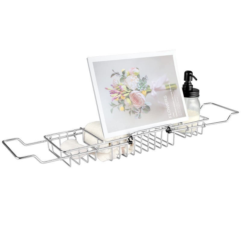 HOMEE Bathtub Tray  Stainless Steel Shower Caddy Tray with Removable Book Holder European Style Extendable Bathtub Caddy Tray for Shower Bath Phone IPad Book Holder Candleholder Table Shelf  Sliver