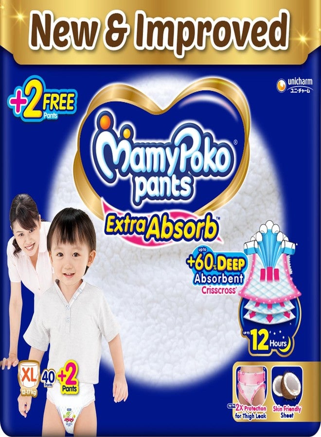 MamyPoko Pants Extra Absorb Baby Diapers X-Large (XL), 40(+2) Free Diaper, 12-17 kg