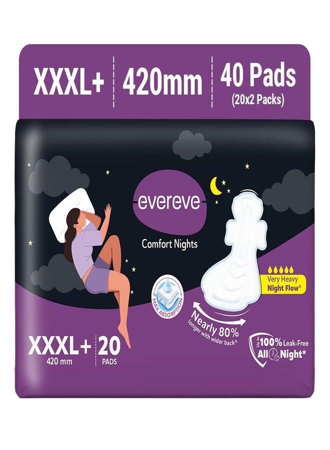 عشية أي وقت مضى فوط صحية إيفريف كومفورت نايتس مقاس XXXL+، طول 420 مم، أطول بنسبة 80% مع ظهر أعرض للعناية طوال الليل، امتصاص فائق للتدفق الليلي الغزير، حماية من التسرب تصل إلى 100%، راحة تامة بدون طفح جلدي، عبوة من 20 فوطة × 2 - Image 1