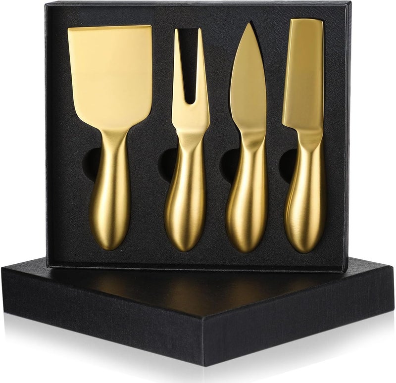 Funnymoom 4 Pcs Gold Cheese Knives Set Stainless Steel Cheese Tools with Cheese Slicer and Cheese Cutters for Kitchen Cheese Board Knife Set for Kitchen Charcuterie Board Accessories Housewarming Gift - Image 1