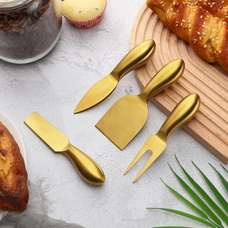 Funnymoom 4 Pcs Gold Cheese Knives Set Stainless Steel Cheese Tools with Cheese Slicer and Cheese Cutters for Kitchen Cheese Board Knife Set for Kitchen Charcuterie Board Accessories Housewarming Gift - Image 4