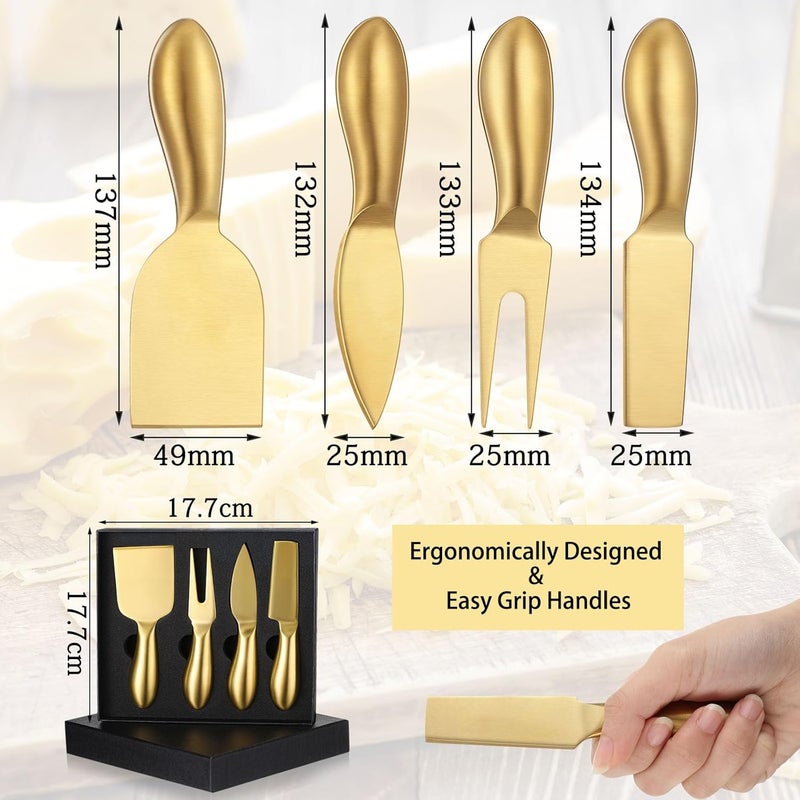 Funnymoom 4 Pcs Gold Cheese Knives Set Stainless Steel Cheese Tools with Cheese Slicer and Cheese Cutters for Kitchen Cheese Board Knife Set for Kitchen Charcuterie Board Accessories Housewarming Gift - Image 2
