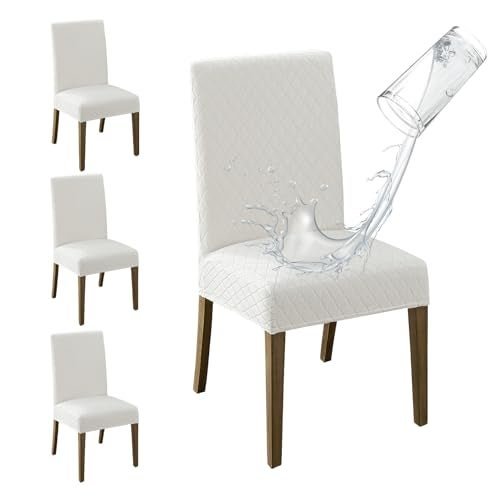 MOSAYT 100 Waterproof Dining Room Chair Covers Set of 4 Super Fit Stretch Jacquard Parson Chairs Slipcovers Removable Washable Chair Seat Protectors for Home Kitchen Banquet White - Image 1