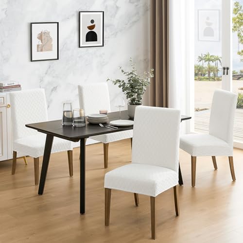 MOSAYT 100 Waterproof Dining Room Chair Covers Set of 4 Super Fit Stretch Jacquard Parson Chairs Slipcovers Removable Washable Chair Seat Protectors for Home Kitchen Banquet White - Image 3