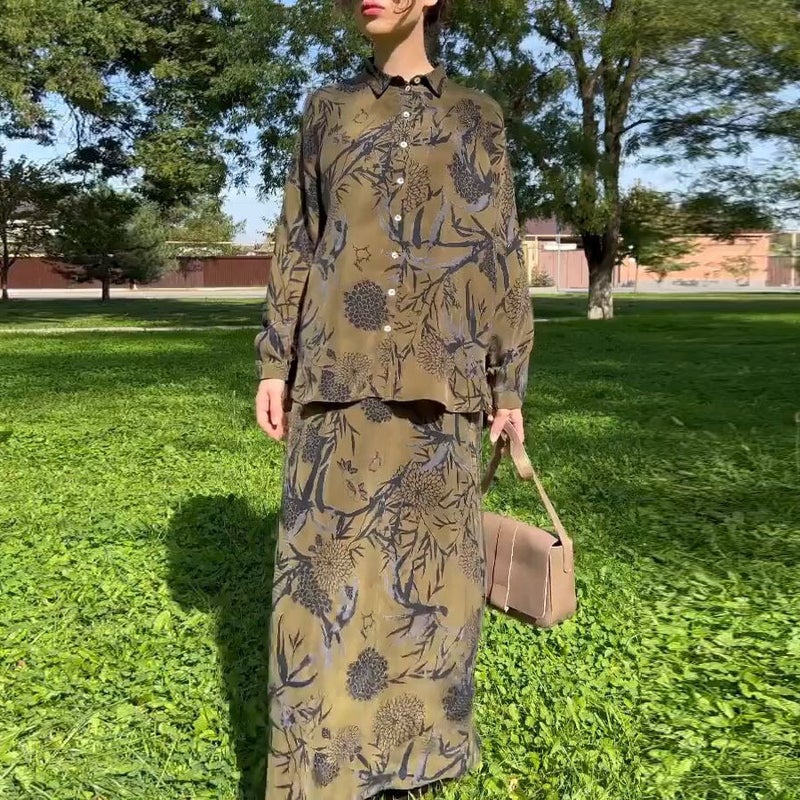 2024 Spring Fashion Long Sleeve Shirt Skirt Set IQ492 yellow brown printed suit