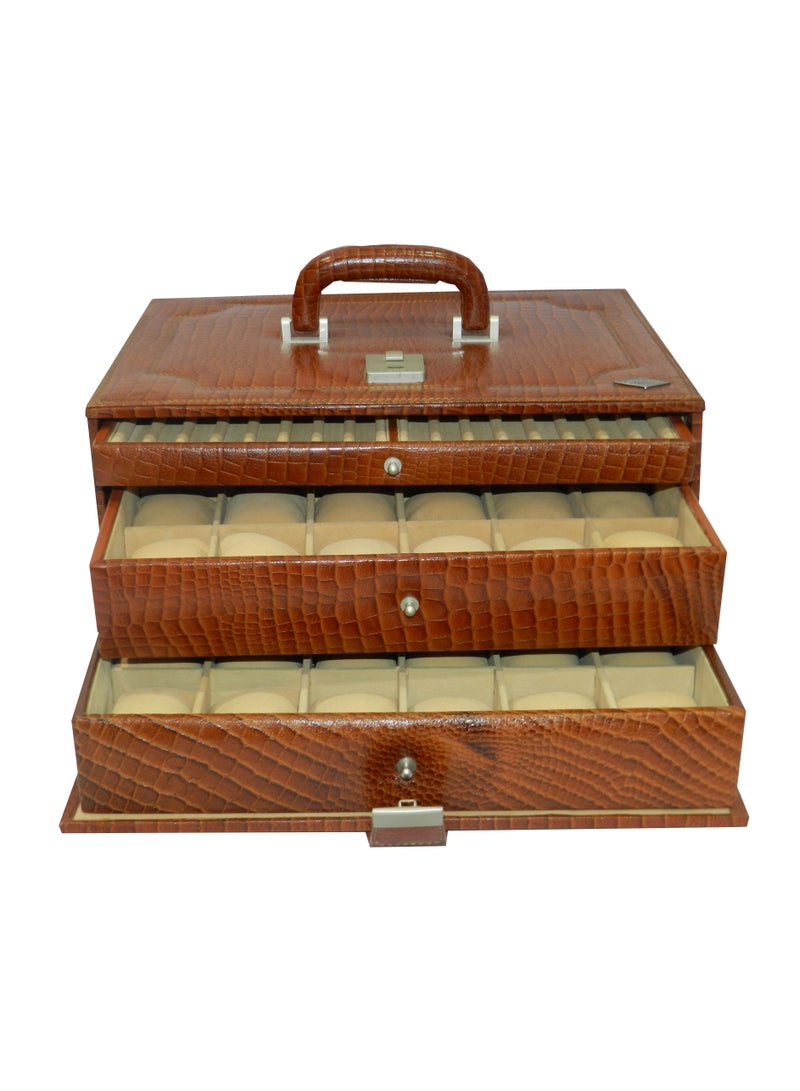 LAVERI LEATHER صندوق ساعات لافيري للرجال والنساء (36 ساعة، أقلام، فتحات خواتم)، علبة ساعات جلدية فاخرة مع غطاء زجاجي كريستالي، وسادة قابلة للإزالة - Image 1