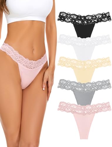 voenxe Seamless Lace Thongs for Women No Show Thong Underwear,Lady Breathable Comfort Panty Soft Laser Cut Undie,Tanga,5-Pack Basic - Image 1